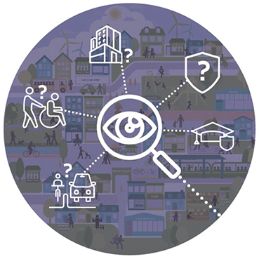 It shows a magnifying glass with symbols that depict aspects of a place that might be considered.