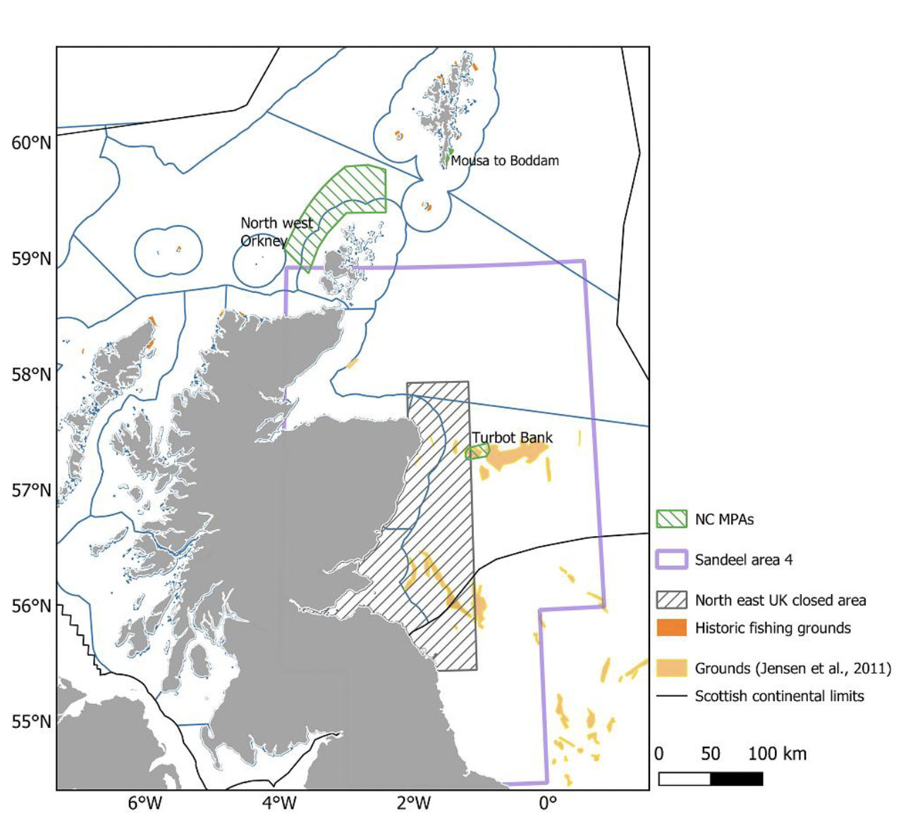 A map of the waters around Scotland indicating the location of NCMPAs (Mousa to Boddam in Shetland, NW Orkney and Turbot Bank), the Area 4 closed area and known sandeel fishing grounds. Around 27% of the historical fishing grounds are located within the closed area. 