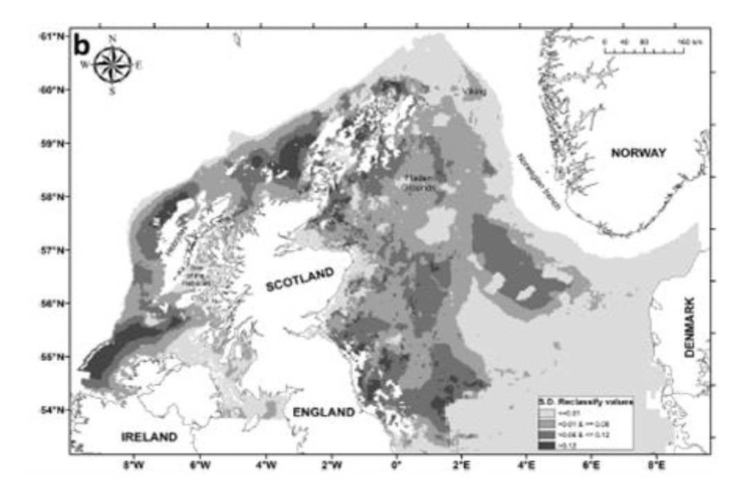 A map of the North Sea presenting classification of haddock spawning by recurrence. In Scottish waters, significant aggregations are found off the Moray Firth and along the East coast of Scotland and to the West of the Hebrides particularly for age 5 and older. 