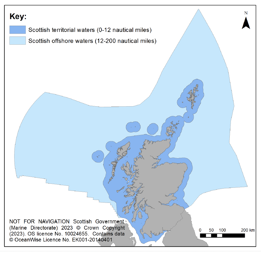 Map of Scotland indicating the extent of National Marine Plan 2, including Scottish territorial water (0-12 nautical miles) and Scottish offshore waters (12-200 nautical miles).