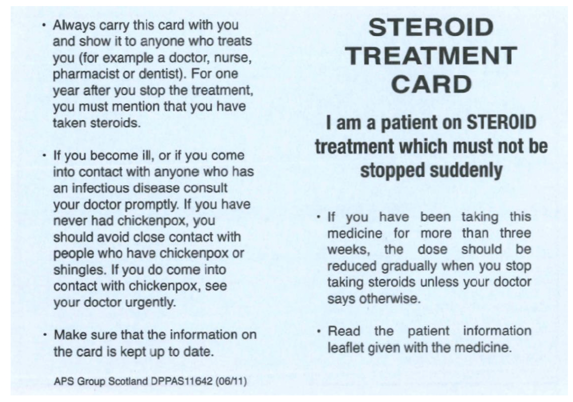 A close-up of the steroid treatment card