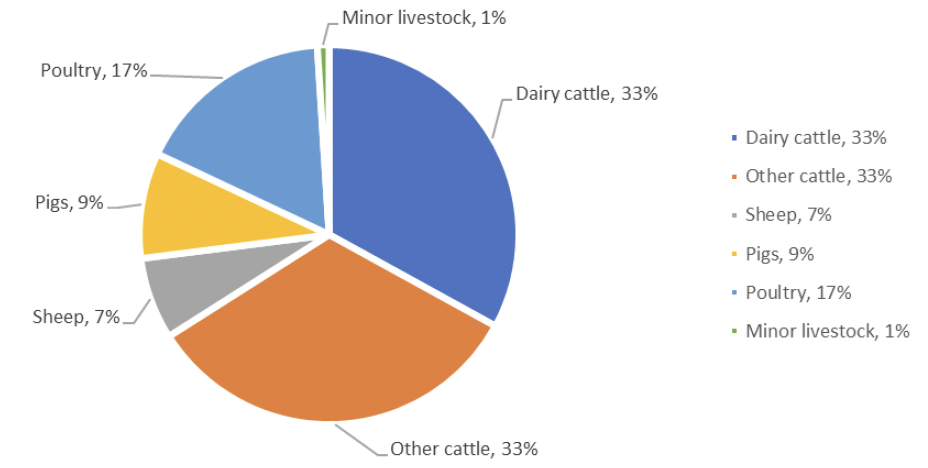 UK emissions 2020 split by livestock category. Dairy cattle 33%, other cattle 33%, sheep 7%, pigs 9%, poultry 17% and minor livestock 1%.