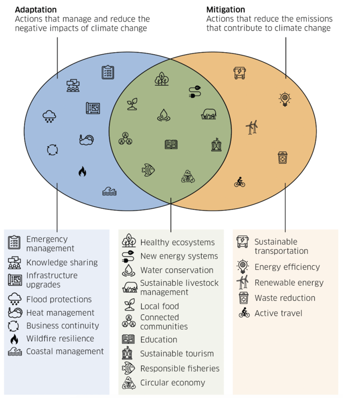 Venn diagram illustrating mitigation and adaptation actions, and where there is cross-over between the two.