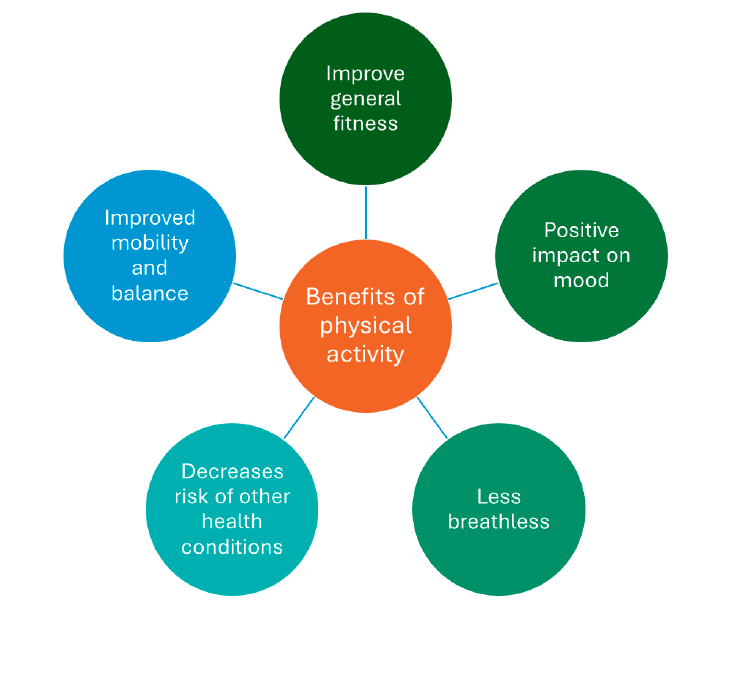 Radial diagram showing the various benefits of physical activity: improve general fitness, positive impact on mood, less breathlessness, decreases risk of other health conditions, improved mobility and balance.