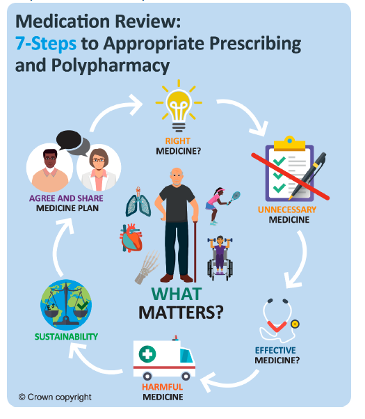 Illustrated circular flow chart of the 7-Steps process for medication reviews. The steps are: right medicine; unnecessary medicine; effective medicine; harmful medicine; sustainability; agree and share medicine plan with “what matters” to the individual at the centre.