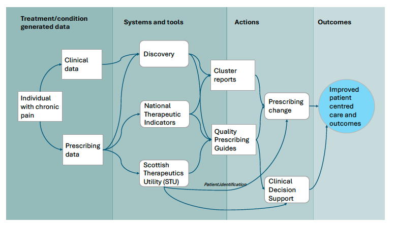 An image of a flow chart diagram showing how data can be used to improve outcomes for people with chronic pain.