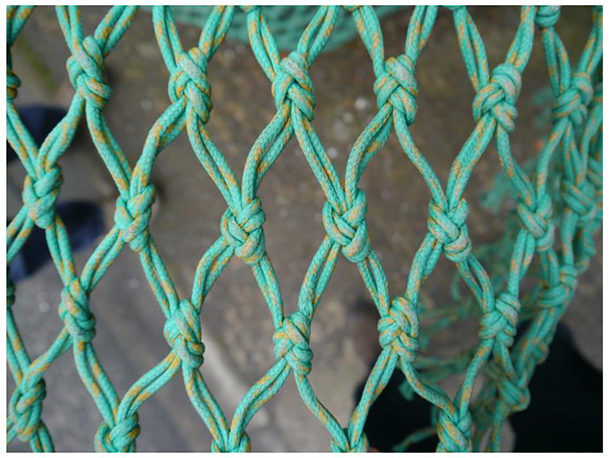 A close up image of a fishing net. Showcasing the mesh, which in this image is constructed in a double diamond mesh format. Commonly used for codends.
