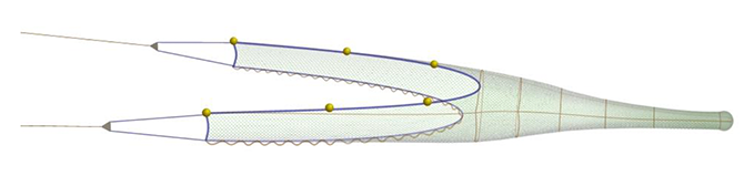 Illustration of a coverless trawl showing the centre of the headline is inline with or even slightly behind the centre of the footrope