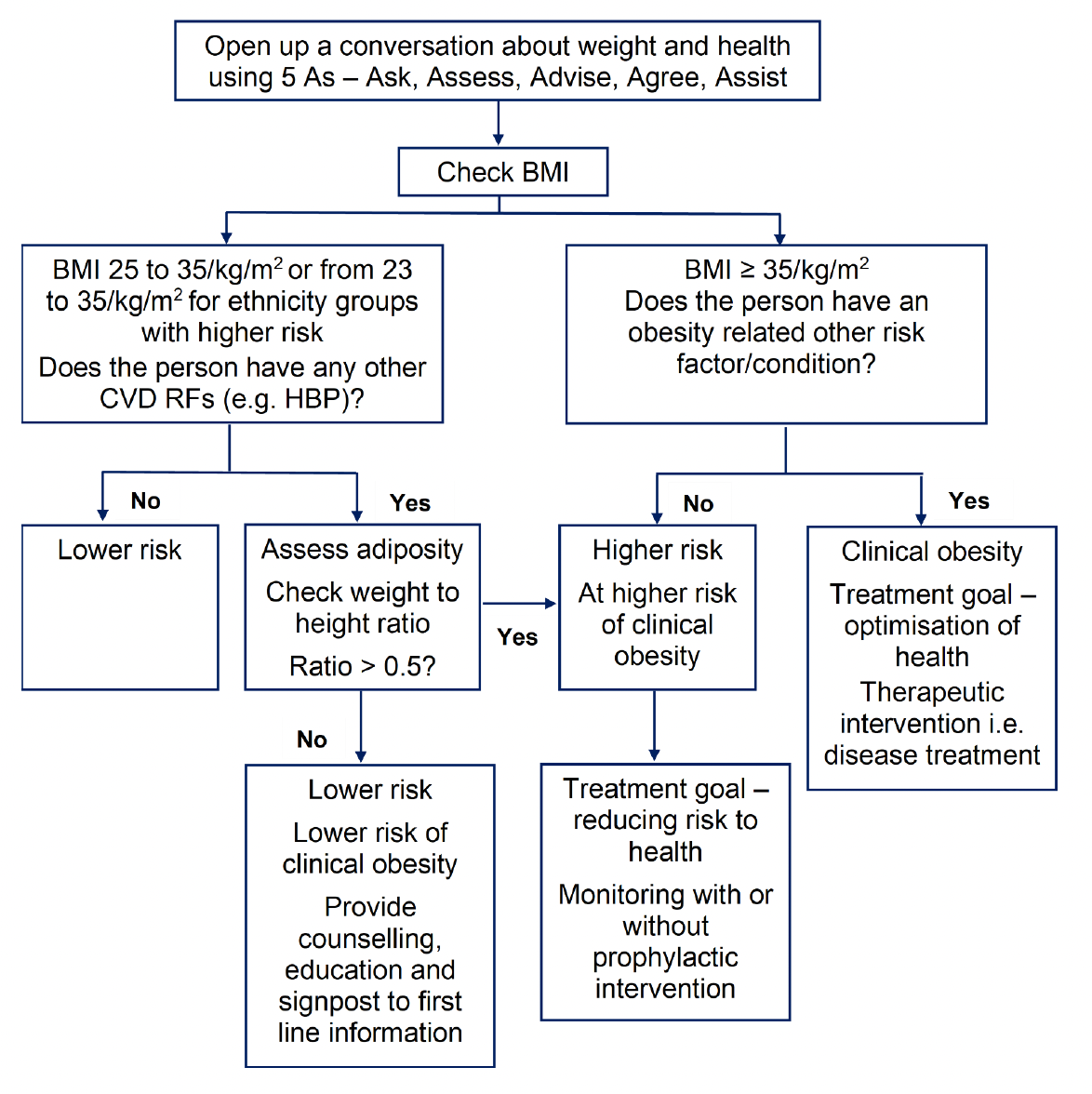 Obesity Diagnostic Pathway to consider an individual’s risks using BMI and other relevant CVD risk factors, subsequent treatment goals and proposed therapeutic interventions