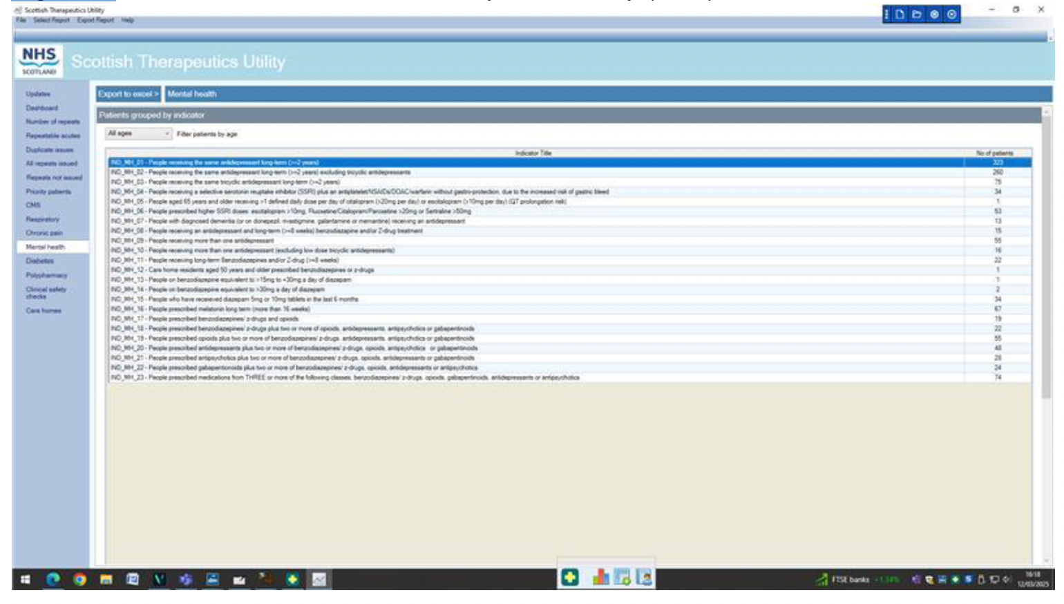 Screenshot of a sample STU search (dummy system) showing a list of patients generated by searching on a specific indicator.
