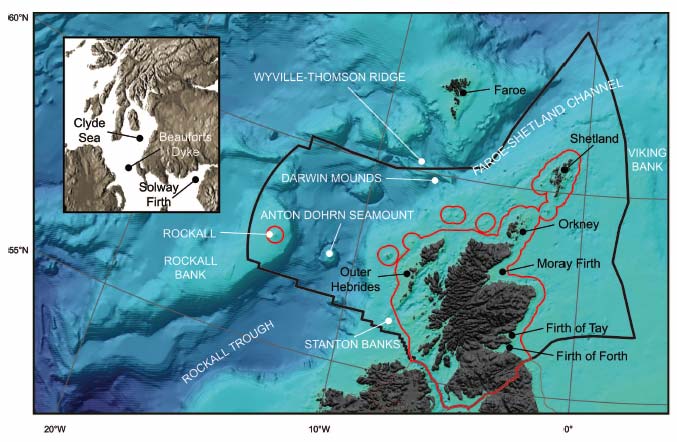 Figure 2.1 Bathymetry, specific boundaries and selected geographical features of the seas around Scotland