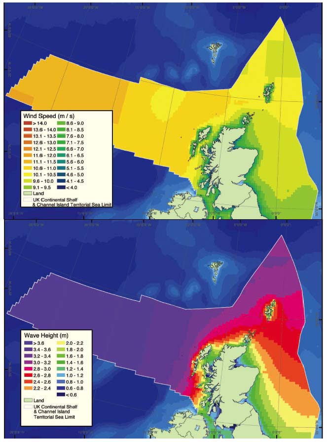 Figure 2.11 Annual mean wind speed (m/s) and annual mean wave height (m)
