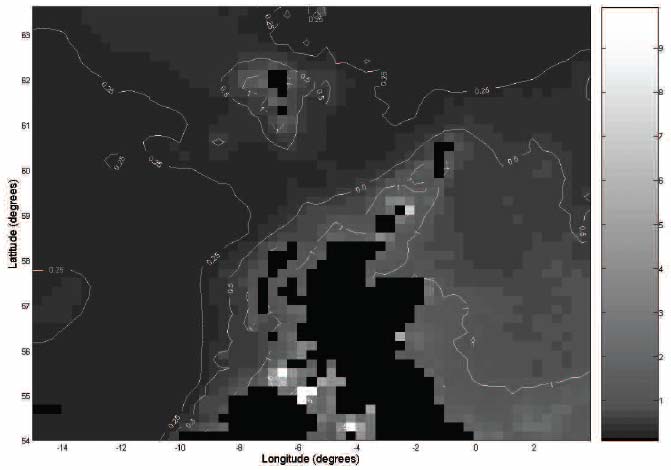 Figure 2.12 Map showing modelled turbidity (mg/l) in coastal waters of Scotland(6)