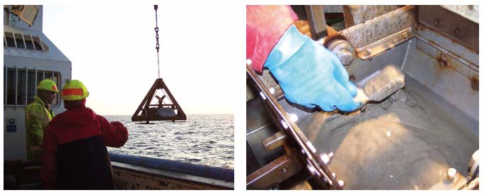 Figure 3.11 Sampling seabed sediments from the FRV Scotia by FRS as part of the CSEMP Programme