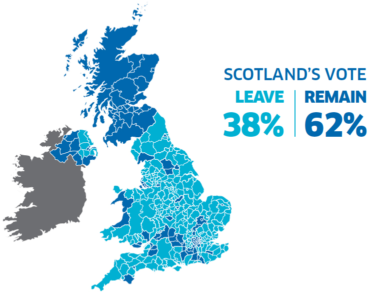 Map of Scotland's Vote: Leave 38% - Remain 62% Map of Scotland's Vote: Leave 38% - Remain 62%