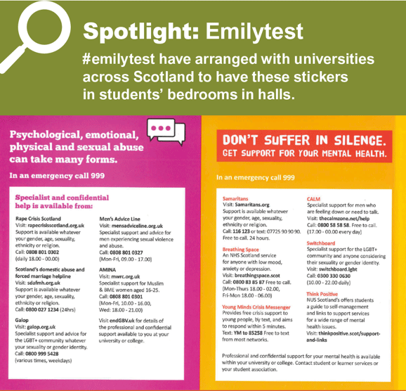 Spotlight: Emilytest
#emilytest have arranged with universities across Scotland to have these stickers in students’ bedrooms in halls. Spotlight: Emilytest
#emilytest have arranged with universities across Scotland to have these stickers in students’ bedrooms in halls.