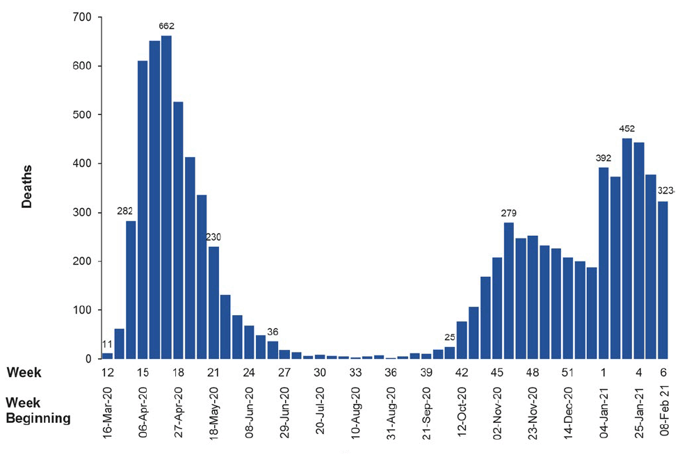  A bar graph showing the weekly number of deaths attributed to Covid-19