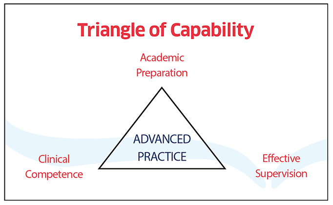 Image of a triangle indicating the 3 main areas of work applied in the transformation of the Clinical Nurse Specialist roles