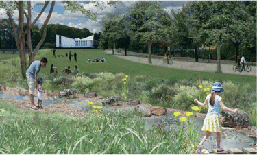 Artist’s impression of improvements in Dundee, showing people enjoying greenspace
