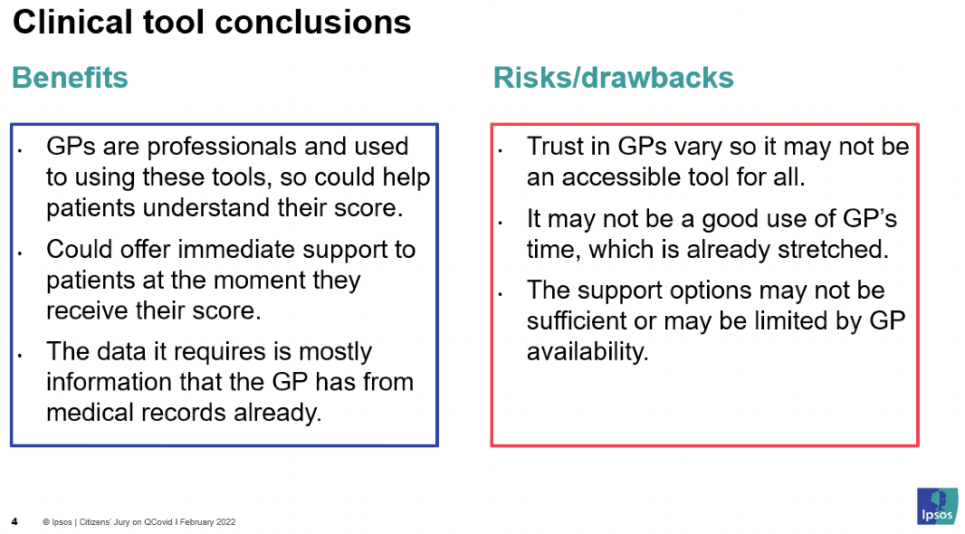Image showing a powerpoint slide summarising the benefits and risks/drawbacks of the clinical tool, as raised by the jury over the course of deliberation. This was presented to participants in session six.