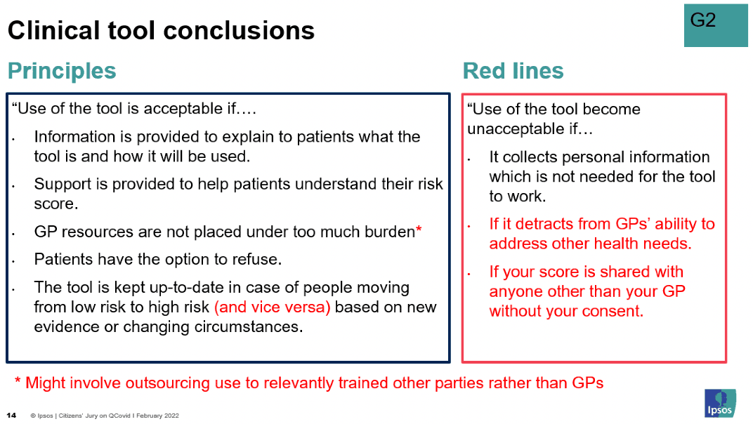 Image showing a powerpoint slide of the edits made by group 2 to the principles and red lines with the clinical tool. The group's edits are represented in red text, with any deletions represented in scored through text.