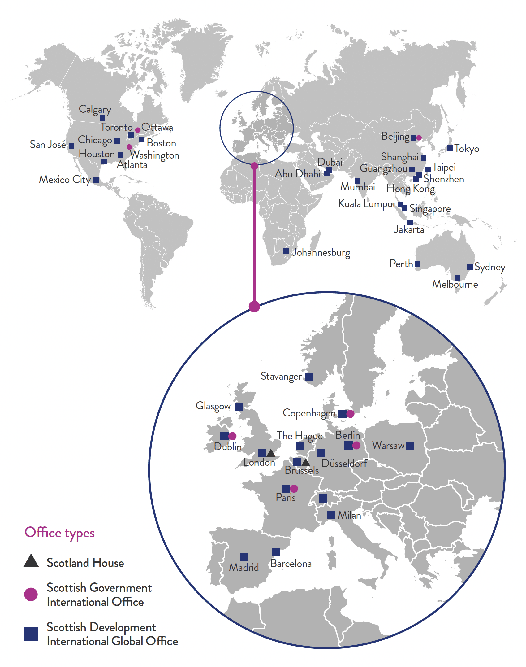 a map of the world with different cities showing location of international offices