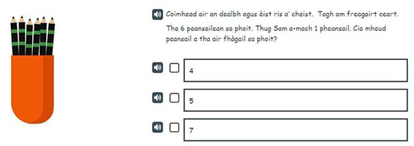 A Gaelic example of a P1 number item for subtraction.