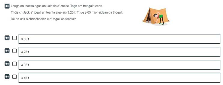 A Gaelic example of a P4 measurement, time and money item adding time intervals.