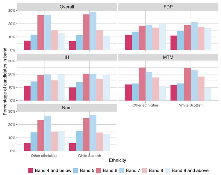 A bar chart showing the overall outcomes for SNSA P4 Numeracy and the organisers where learners were presented with more than 5 items from that organiser distributed by ethnic background.