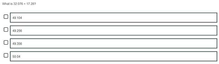 An English example of an S3 Number item assessing the addition of decimal fractions.