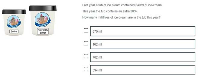 An English example of a potential S3 fractions, decimal fractions and percentage item calculating a new total after a given percentage increase.