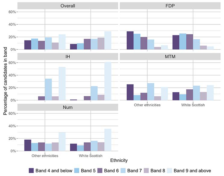 A bar chart showing the overall outcomes for MCNG P4 Numeracy and the organisers where learners were presented with more than 5 items from that organiser distributed by ethnic background.