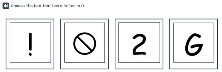 An English example of a P1 Tools for reading item selecting the letter from a list.