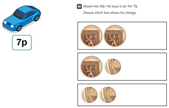 An English example of a P1 measurement, time and money item assessing the understanding of coin values.