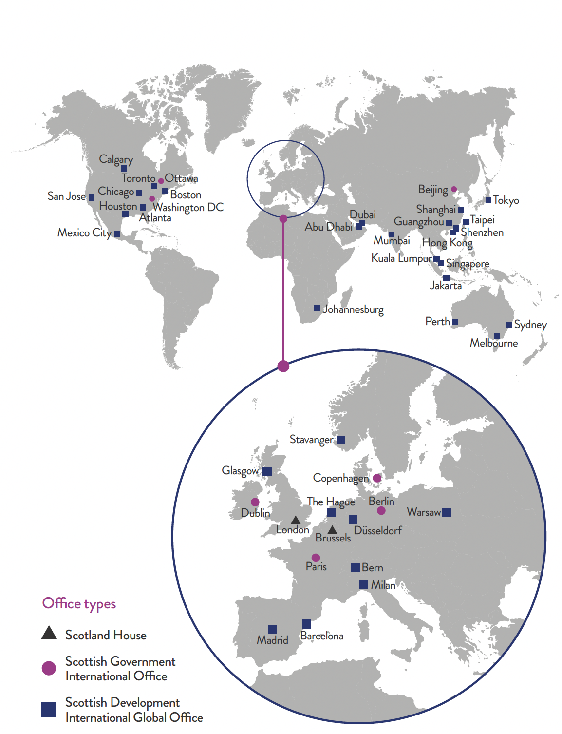 A map of the world showing location of international offices