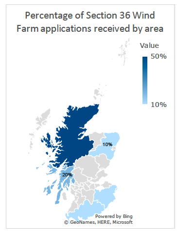 Map showing percentage of section 36 wind farm applications received by area