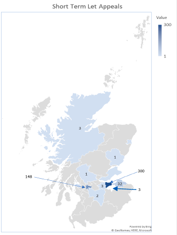 A map of Scotland showing number of short term let cases received by council area.