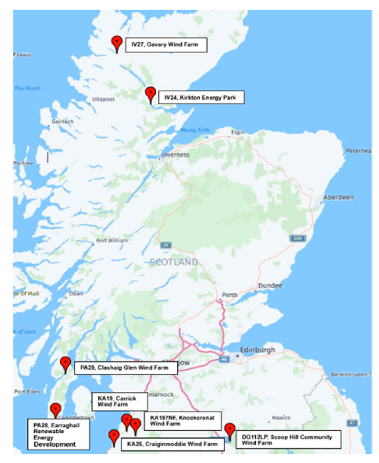 A map showing location of wind farms that have had reports submitted to Scottish ministers in review period.