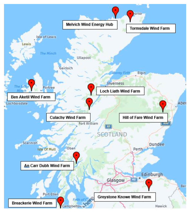 Map of Scotland with locations of all Section 36 wind farms in hand at the end of the review period.