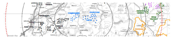 Map showing location of the 3 windfarms and where all wind turbines will be sited. 
