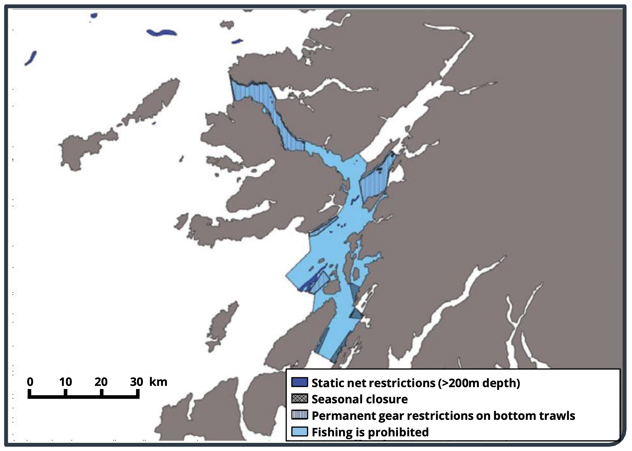 Loch Sunart showing the fisheries management measures in place.