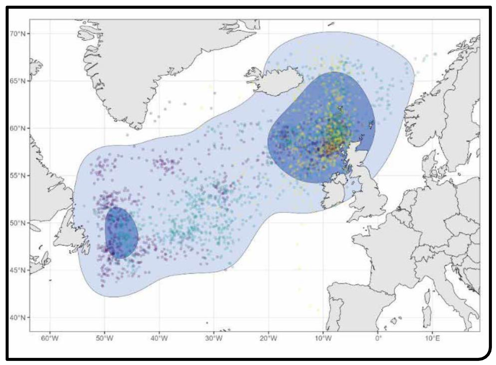 Map illustrating the year round distribution of Fulmar.
