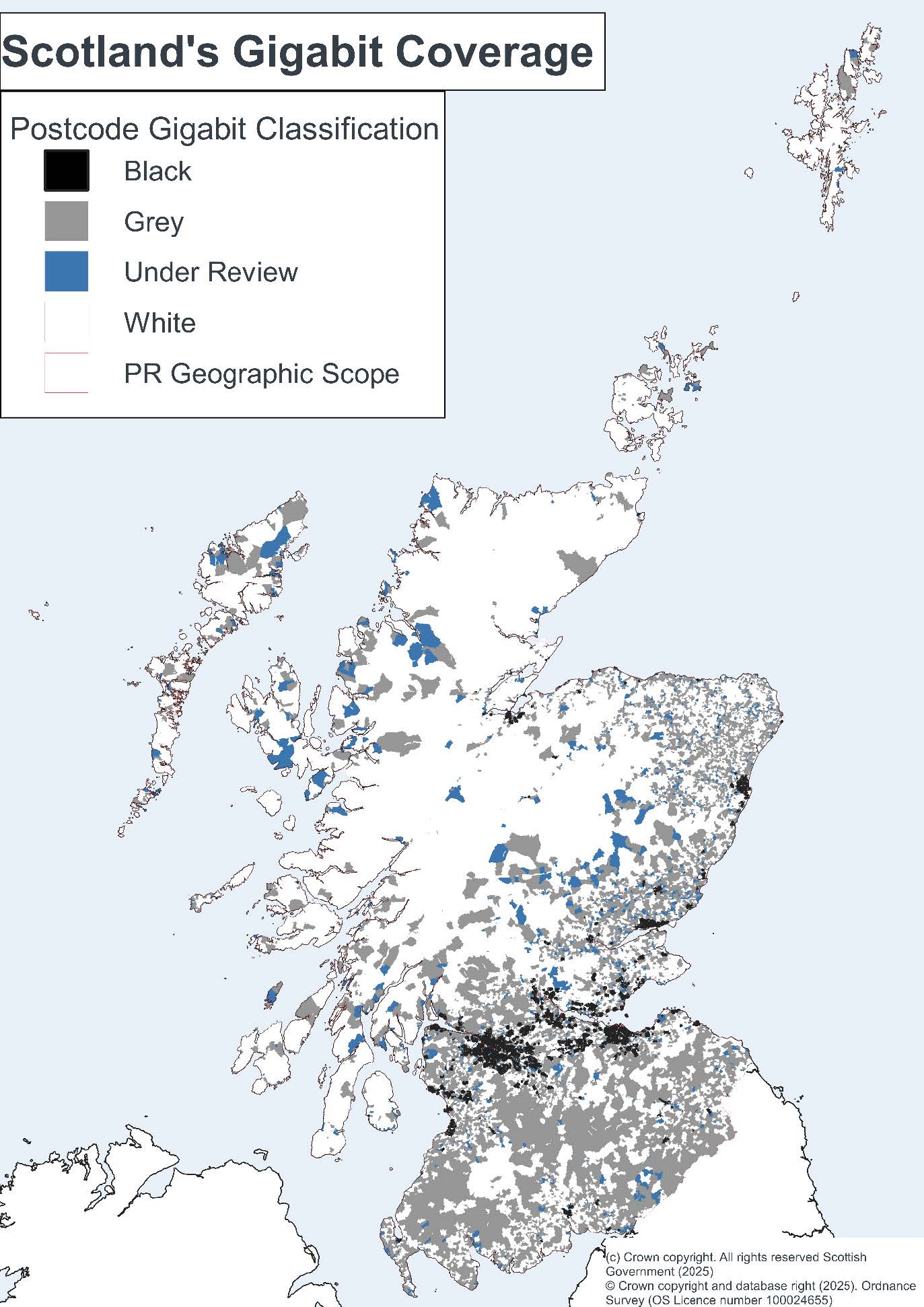 A map of Scotland showing the subsidy control classifications at postcode level. This demonstrates that the majority of black postcodes are in the central belt, cities and the east coast. The greatest areas of white postcodes are the Highlands, islands and Argyll and Bute.