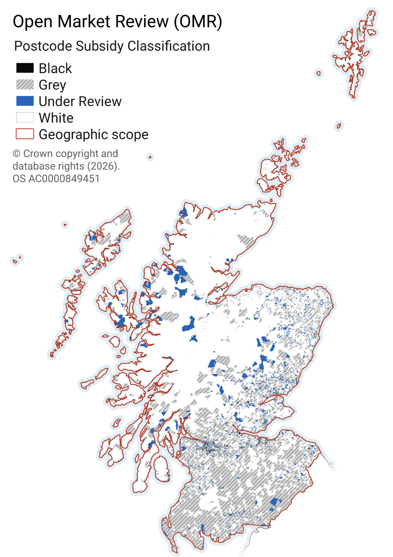 A map of Scotland showing the subsidy control classifications at postcode level. The majority of black postcodes are in the central belt, cities and the east coast. The greatest areas of white postcodes are the Highlands, islands and Argyll and Bute. This demonstrates that broadband infrastructure has good coverage and competition in the central belt, with less coverage in the Highlands, islands and Argyll and Bute.