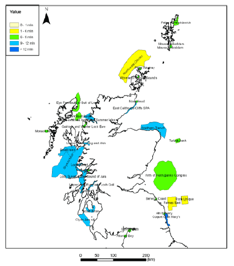 Anglers' aggregate willingness to pay (mln £) for protection of sites with no dredging, trawling, potting and gillnetting (highest value scenario) based on a central estimate of total population of UK anglers. Anglers' aggregate willingness to pay (mln £) for protection of sites with no dredging, trawling, potting and gillnetting (highest value scenario) based on a central estimate of total population of UK anglers.