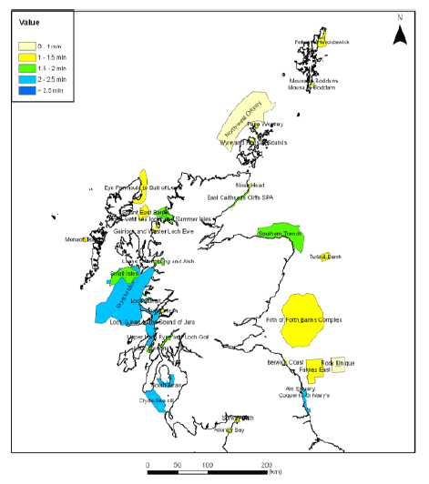 Divers' aggregate willingness (mln £) to pay for protection of sites with no dredging, trawling, potting and gillnetting (highest value scenario) based on a central estimate of total population of UK dive
