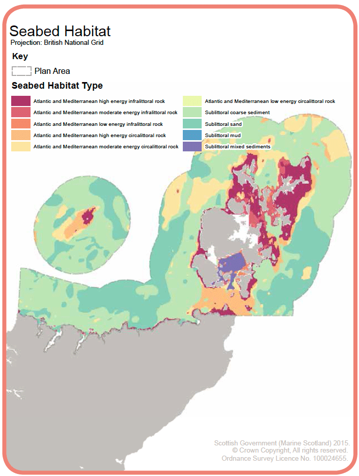 Map 8: Seabed habitat in the Pentland Firth and Orkney Waters Plan area. Seabed habitats are classified according to the European Nature Information System (EUNIS) habitat classification system. Map 8: Seabed habitat in the Pentland Firth and Orkney Waters Plan area. Seabed habitats are classified according to the European Nature Information System (EUNIS) habitat classification system.
