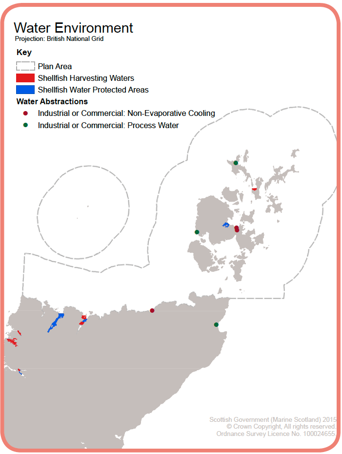 Map 9: The water environment in the Pentland Firth and Orkney Waters area showing designated shellfish areas and designated water abstractions. Map 9: The water environment in the Pentland Firth and Orkney Waters area showing designated shellfish areas and designated water abstractions.