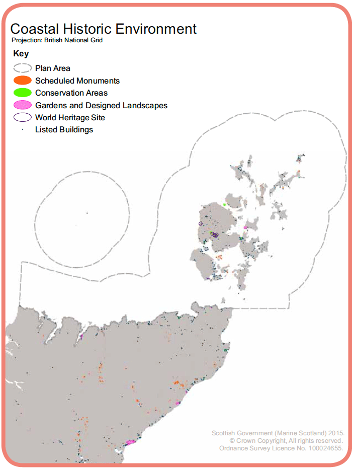 Map 10: This map shows designated historical environment sites including World Heritage Sites, Scheduled Monuments, Listed Buildings, Gardens and Designed Landscapes and Conservation Areas. This map does not show listed buildings within the Conservation Areas, the location of these listed buildings can be viewed on National Marine Plan interactive.