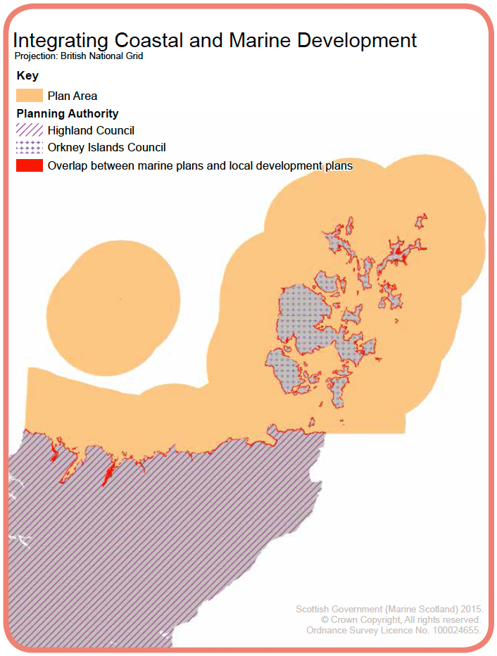 Map 12: The Orkney Islands Council and Highland Council jurisdictions, the Plan area and the overlap of jurisdiction in the intertidal zone.